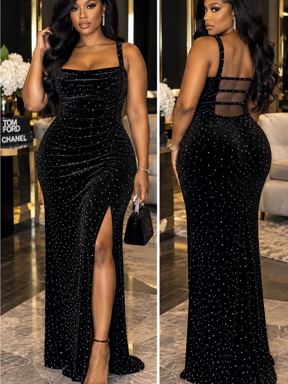 Black Velvet Rhinestone Maxi Dress with Side Slit